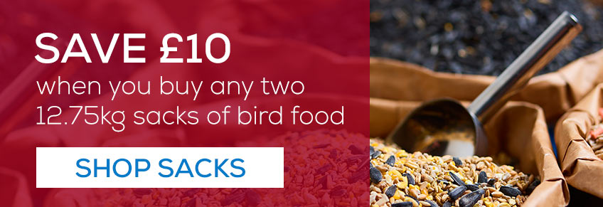 Save £10 when you buy any two 12.75kg sacks of bird food. Shop sacks!