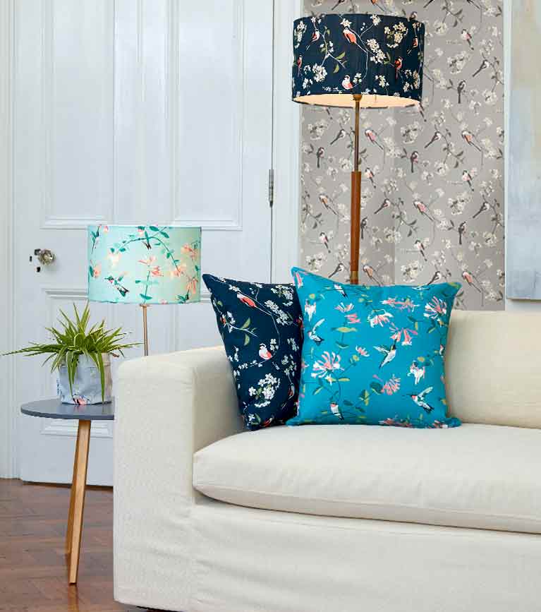 Designer fabrics, wallpaper, lampshades and cushions in bird prints