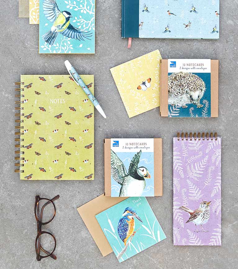 Sticky notes, bird note books, jotter blocks, notepads, pens, greeting cards