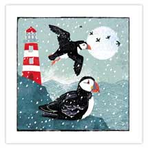 Puffin Christmas cards on wintry clifftop - pack of 10 product photo