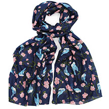 Royal blue birds & flowers RSPB organic cotton scarf product photo