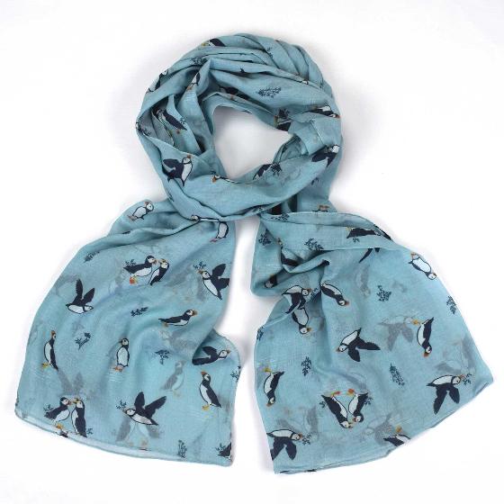 Light blue puffin RSPB organic cotton scarf product photo