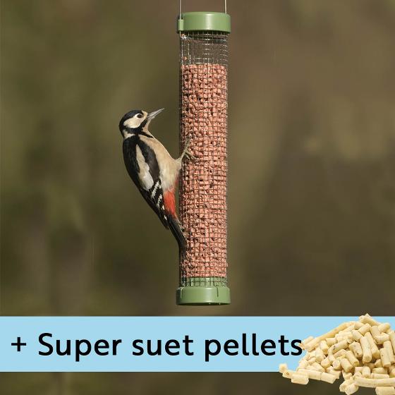 Classic easy-clean® suet pellet and peanut medium feeder with 1kg Super suet pellets - mealworm product photo default L