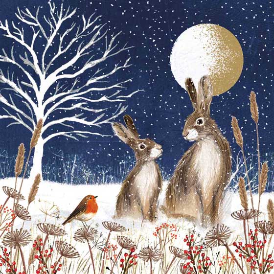 Hares by moonlight Christmas cards, pack of 10 product photo default L