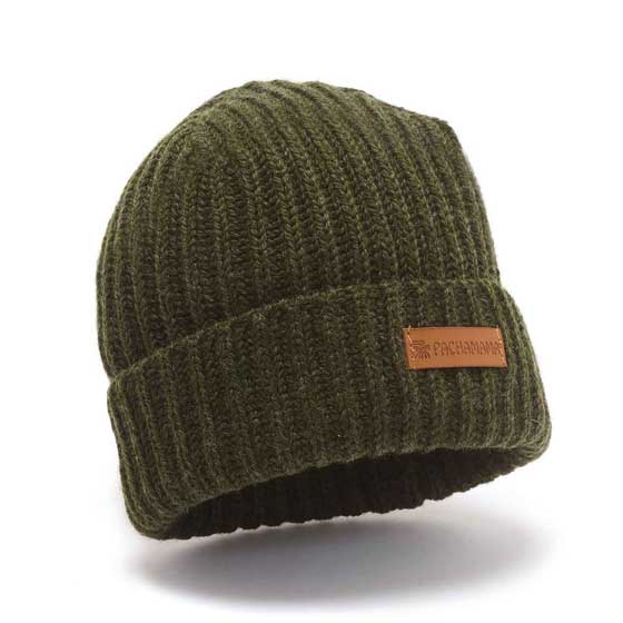 Merino wool fisherman beanie in moss green by Pachamama Knitwear product photo side L