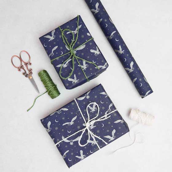 Moonlit Owl recycled wrapping paper, 10 metres, navy product photo default L
