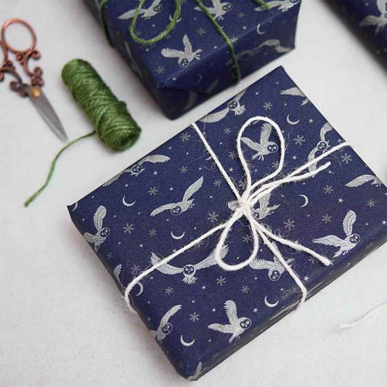 Moonlit Owl recycled wrapping paper, 10 metres, navy product photo side L