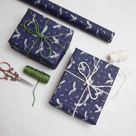 Moonlit Owl recycled wrapping paper, 10 metres, navy product photo back L