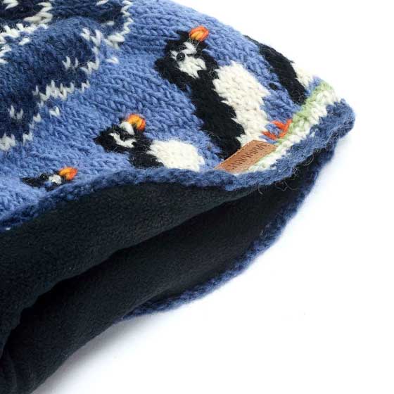 Puffin wool bobble hat by Pachamama Knitwear product photo front L