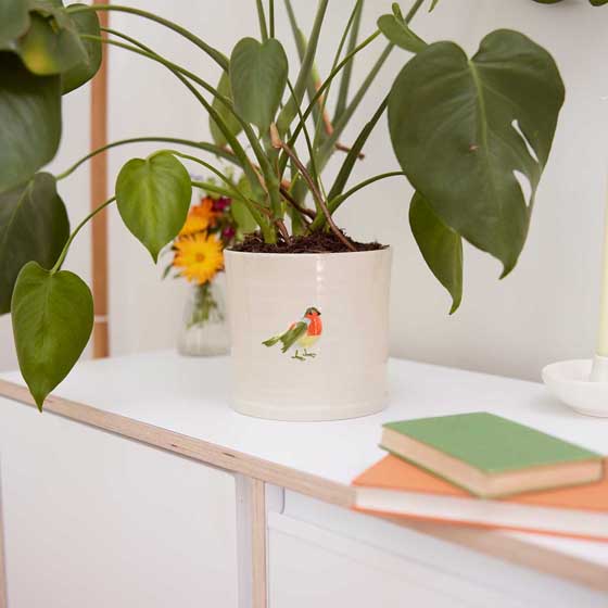 Robin plant pot, indoor ceramic planter product photo back L