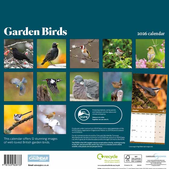 RSPB Garden birds calendar 2026 product photo back L