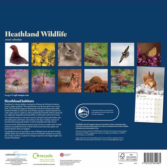 RSPB Heathland wildlife calendar 2026 product photo back L
