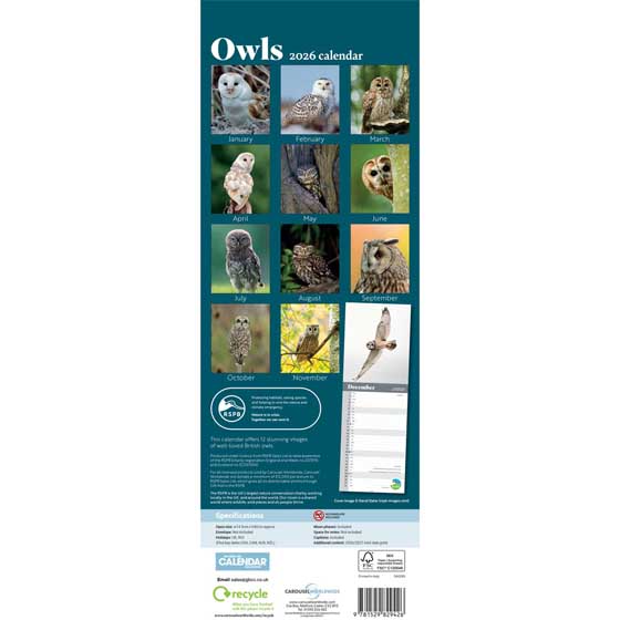 RSPB Owls calendar 2026 product photo back L