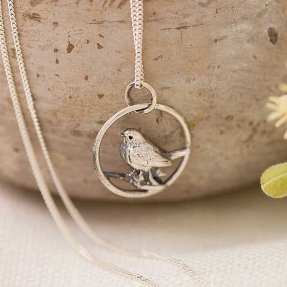 Robin in hoop necklace, sterling silver by Blackbird Jewellery product photo default L