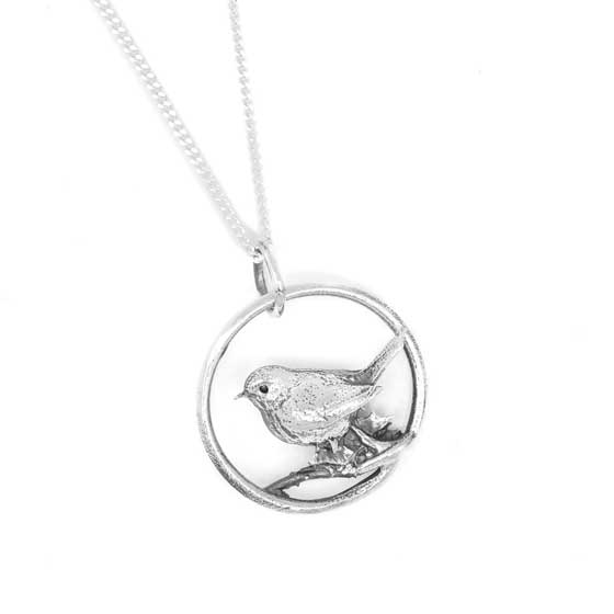 Robin in hoop necklace, sterling silver by Blackbird Jewellery product photo back L