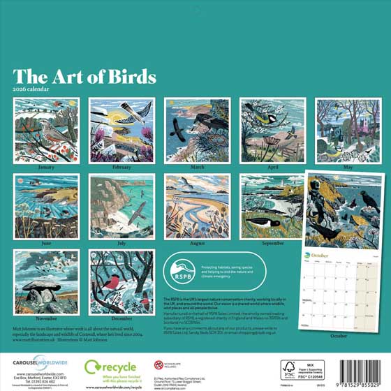 RSPB The art of birds calendar 2026 product photo back L