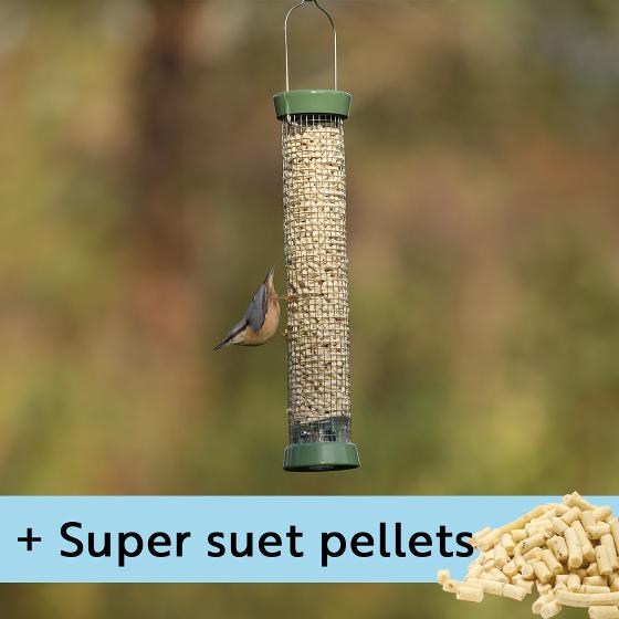 RSPB Ultimate easy-clean® medium suet pellet and peanut feeder with 1kg Super suet pellets - mealworm product photo default L