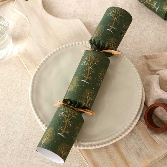 Winter trees recycled crackers with pin badges, 2x boxes of six product photo side L