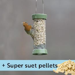 RSPB Ultimate easy-clean® small suet pellet and peanut feeder with 1kg Super suet pellets - mealworm product photo